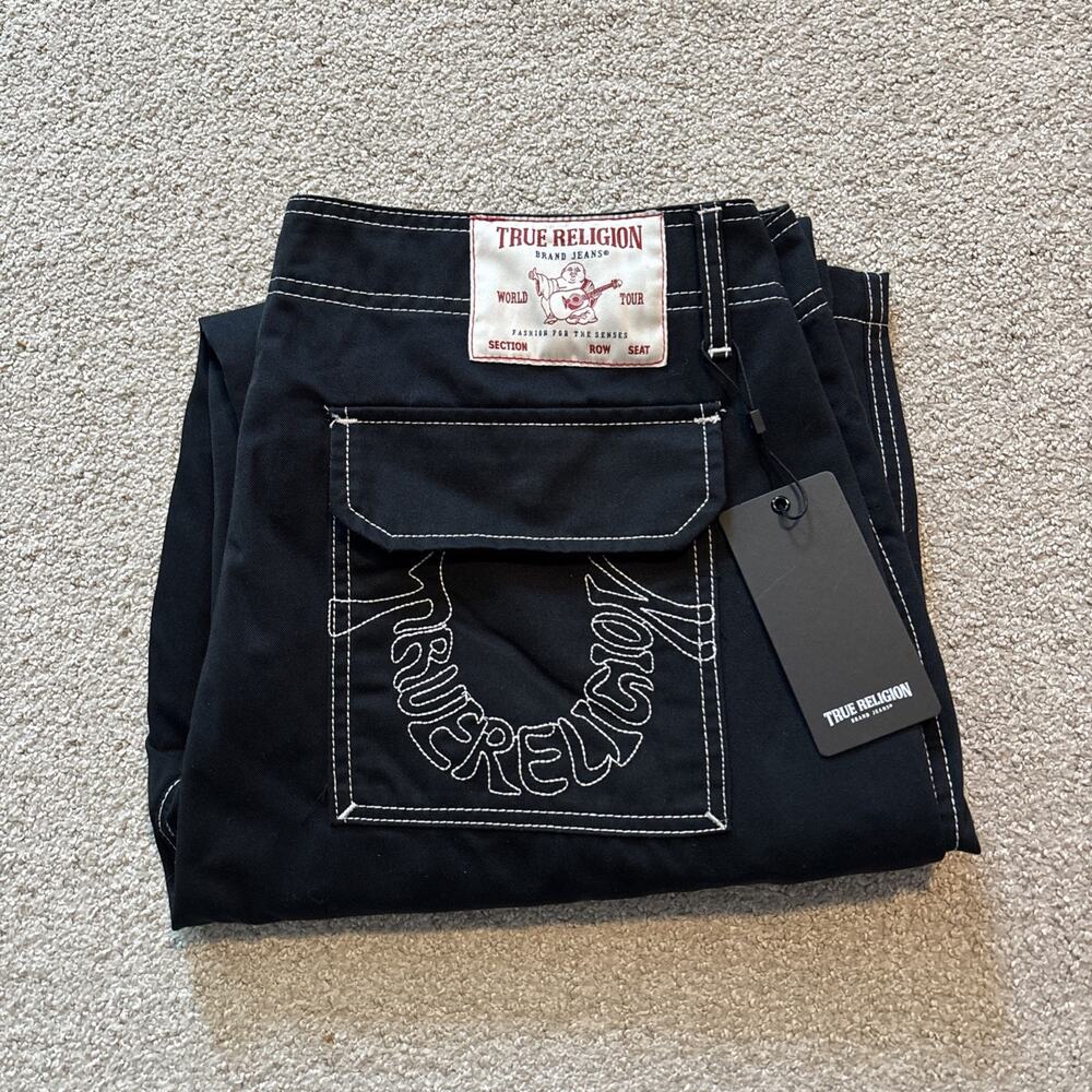 True Religion Men's Cargo Pants Jet Black White Stitching Size 36 Flap Pockets
